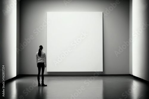 A woman standing in front of a blank canvas. Generative AI