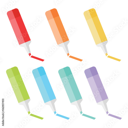 Highlighter vector illustration on white background. Colorful colors highlighter can draw highlights in textbooks or note. School or office supplies and stationery.