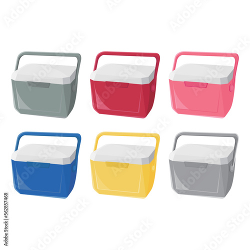 Cooler for outdoor camping can put cold drinks, ice cubes, canned drinks...Colorful cooler vector illustration on white background. Enjoy your cold drinks while camping outdoors or at the beach!