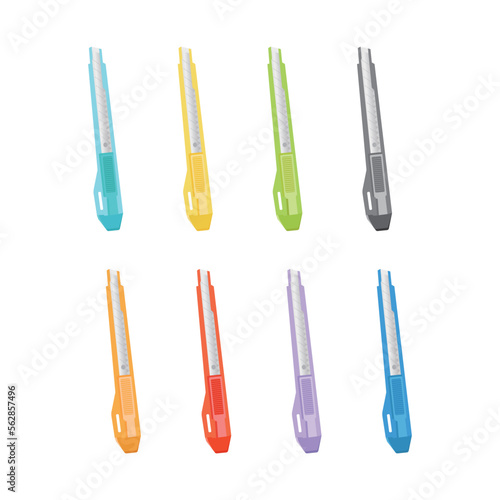 Office or school stationery supplies with colorful utility knife on white background. Utility knife vector illustration.