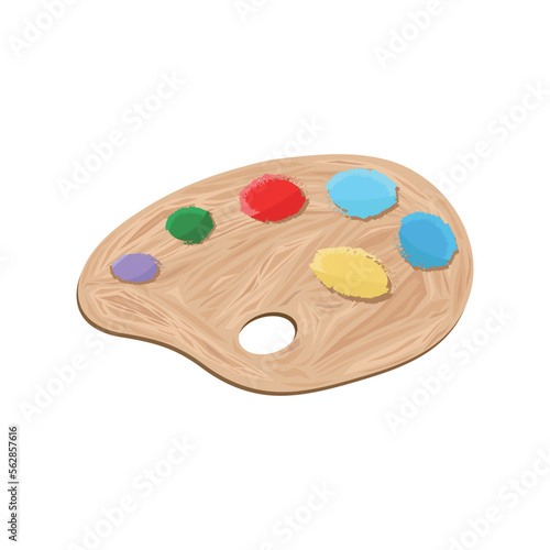 Wooden paint palette with colorful oil paint vector illustration on white background. Wooden paint palette easy to use and clean. School supplies and artist oil paint painting tool. Drawing is happy.