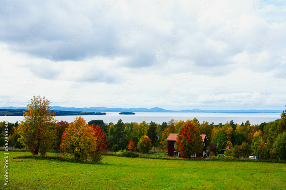 Fototapeta premium Swedish landscape under a cloudy sky. Wide meadows, autumn weather and blue lakes. Streets and houses near the big lake Siljan. Wide angle photography.