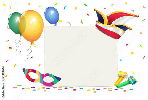 Blanko Karte mit Faschingshut, Luftballons, Konfetti, Tröten und Maskenbrille,
Vektor Illustration isoliert auf weißem Hintergrund

