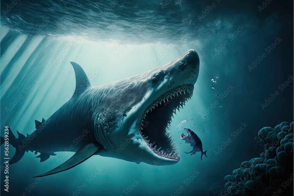 A Giant Shark Hunting and Eating Little Fishes and Another Sea