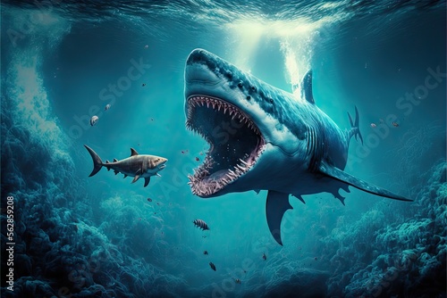 A Giant Shark Hunting and Eating Little Fishes and Another Sea Creatures, Like a Big Water Predator © Sebastián Hernández