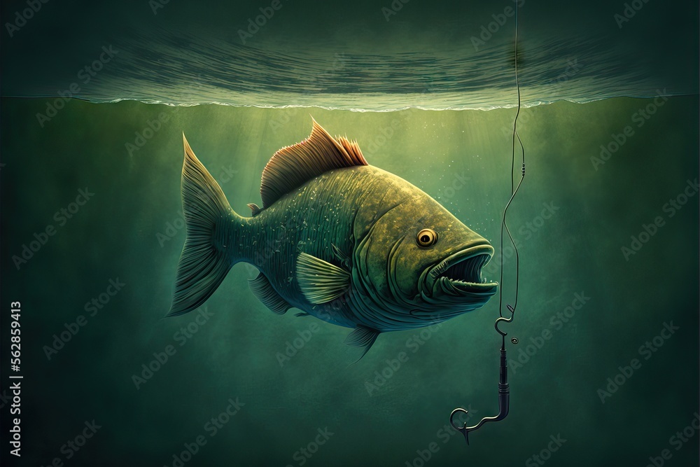 Fish Biting the Hook Under The Sea, Believing it's Food, and it finishes  with the Hook in Mouth ilustração do Stock