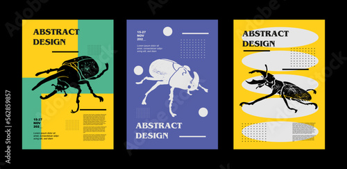 Stag beetle, Hercules beetle, Dynastes Hercules, Lucanus cervus,  European stag beetle. Set of vector posters with insects. Engraving illustrations and typography. Background images for cover, banner