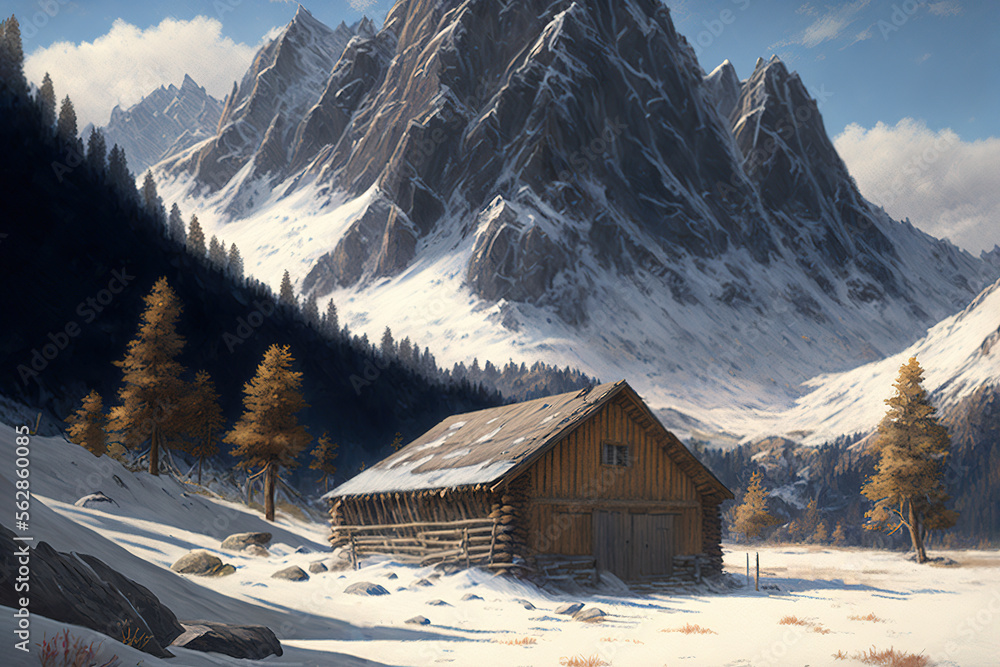 beautiful winter hut in a stunning alpine landscape, winter scenery, art illustration 