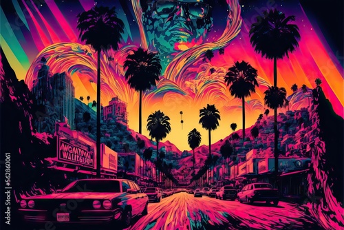 Psychedelic City, With Lisergic visions between buildings, cars, houses, trees, streets, asphalt, monuments, with full color design, Generative Ai