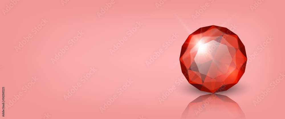 Naklejka premium Vector Horizontal Banner with 3d Realistic Red Transparent Round Glowing Gemstone, Diamond, Crystal, Rhinestone Closeup on Red Background with Reflection. Jewerly Concept. Design Template