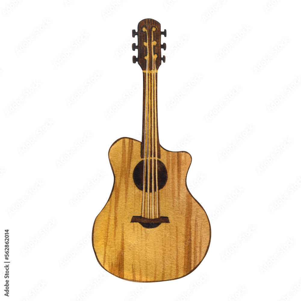 Obraz premium Watercolor acoustic guitar string musical instrument. Hand-drawn illustration isolated on white background cartoon style. Perfect for creative music party, festival poster, flyer, brochure template