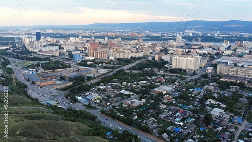 Krasnoyarsk city aerial panoramic view from Karaulnaya Mountain.