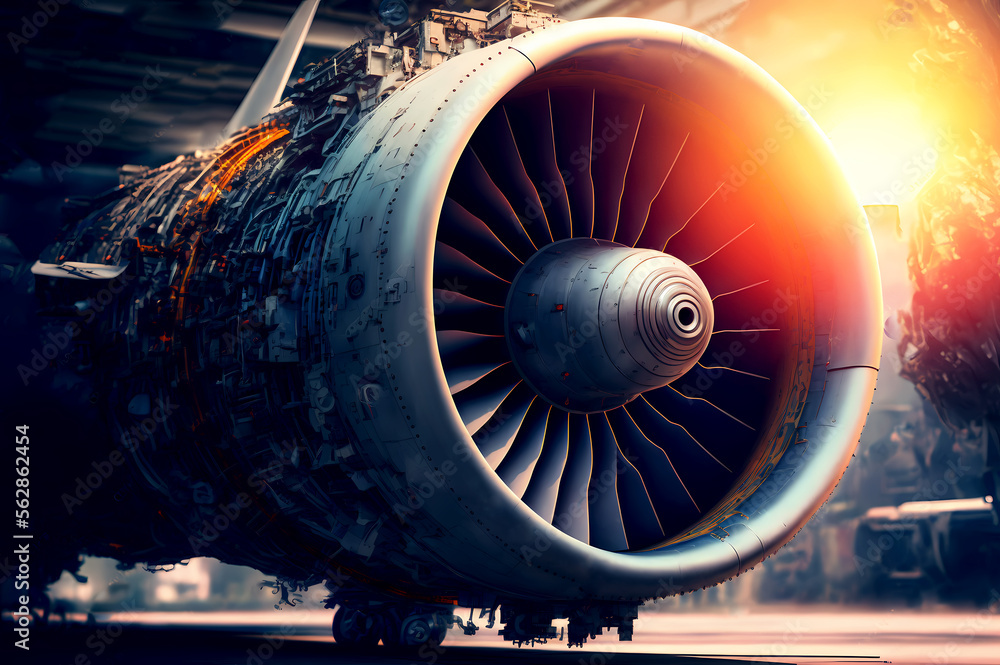 Sunlight Engine Aircraft jet engine on repair and maintenance. Industrial motor of ...