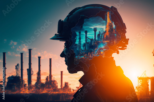 Double exposure arts, Future factory Oil Plant and energy industry concept. Silhouette engineer worker with tube gas and petrochemical refinery. Generation AI © Adin