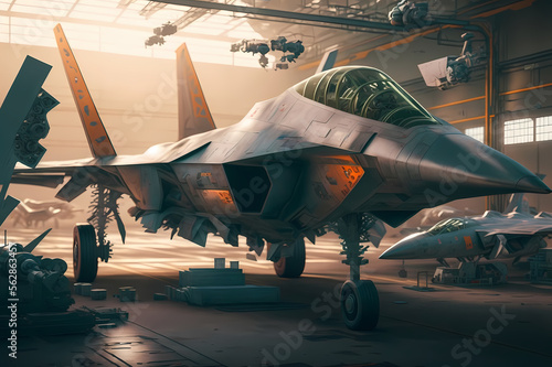 Military factory production weapon fighter. Warehouse modern of army airplane. Industry line of war plane technology. Generation AI