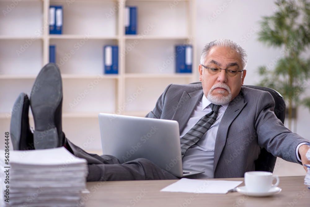 Old male employee working in the office Old male employee working in the office
