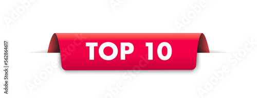 Top 10. Best ten list. 3D red word on red ribbon. Winner tape award text title. Vector color banner. Vector illustration