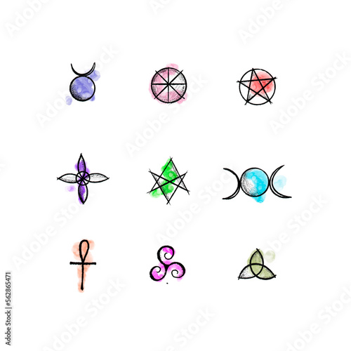 wicca symbols black ink hand drawn vector tattoo set