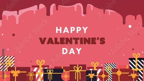 プレゼントやギフトが並び立つハッピーバレンタインデーセール広告テンプレート（赤）　Happy Valentine's Day Sale ad template with gifts and presents lined up (red)
