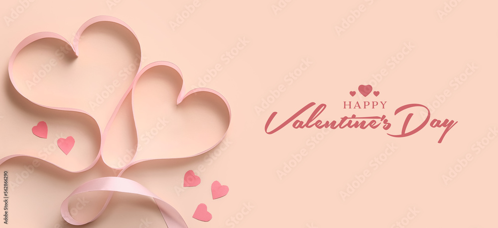 Greeting banner for Valentine's Day with hearts made of ribbon