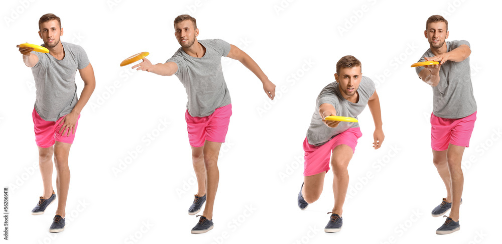 Set of young man playing frisbee on white background
