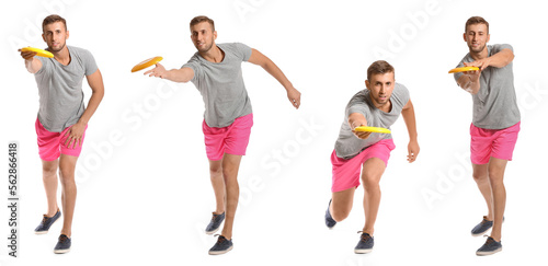 Set of young man playing frisbee on white background