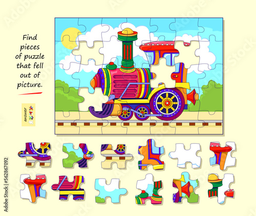 Logic game for children and adults. Find pieces of puzzle that fell out of picture. Page for kids brain teaser book. Task for attentiveness. Developing spatial thinking. Play online. Vector image.
