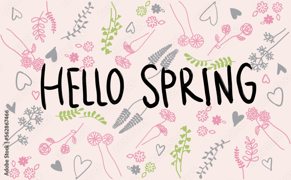 Hello Spring。手書き文字と花とハートのイラストセット。（カラー）