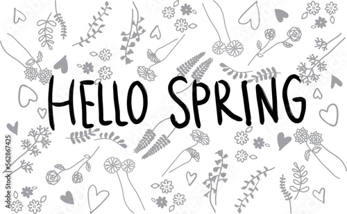 Hello Spring。手書き文字と花とハートのイラストセット。（モノクロ）