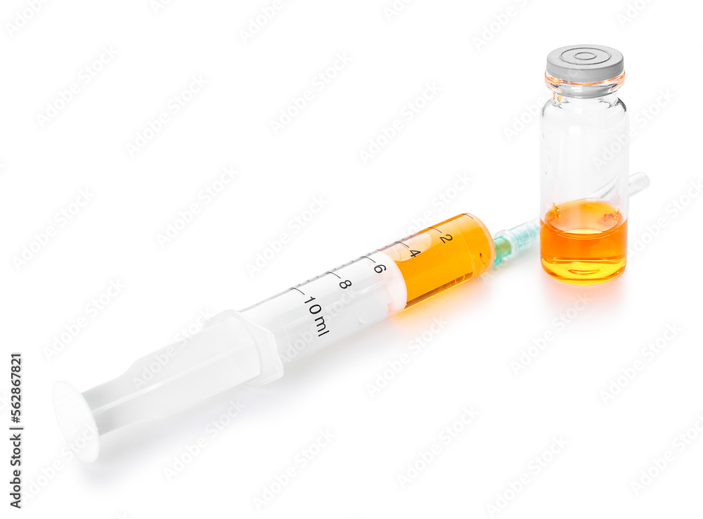 Medical syringe and ampule with remedy on white background Medical syringe and ampule with remedy on white background