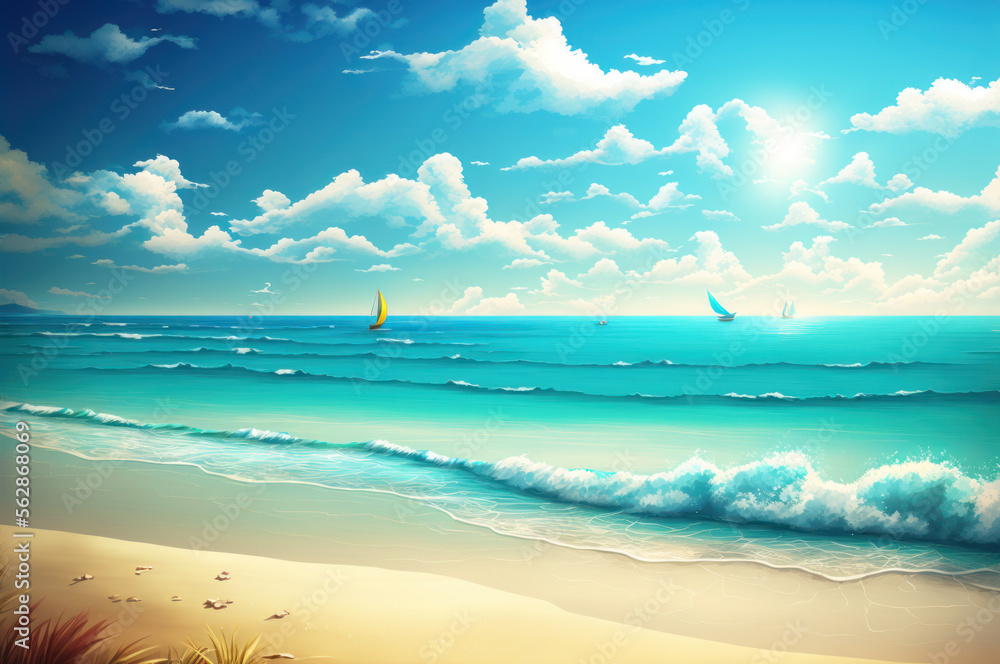 Summer beautiful beach resort with blue sky and white cloud background. Illustration generative ai.