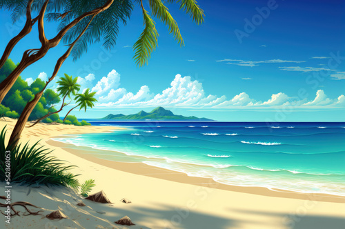 Summer beautiful beach resort with blue sky and white cloud background. Illustration generative ai.