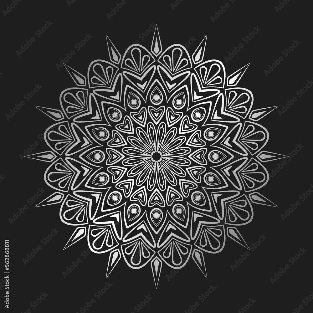 Decorative floral silver mandala. Oriental pattern with arabic, islamic, indian, turkish, pakistan, moroccan, chinese, motifs. Psychedelic meditative ornamental design.