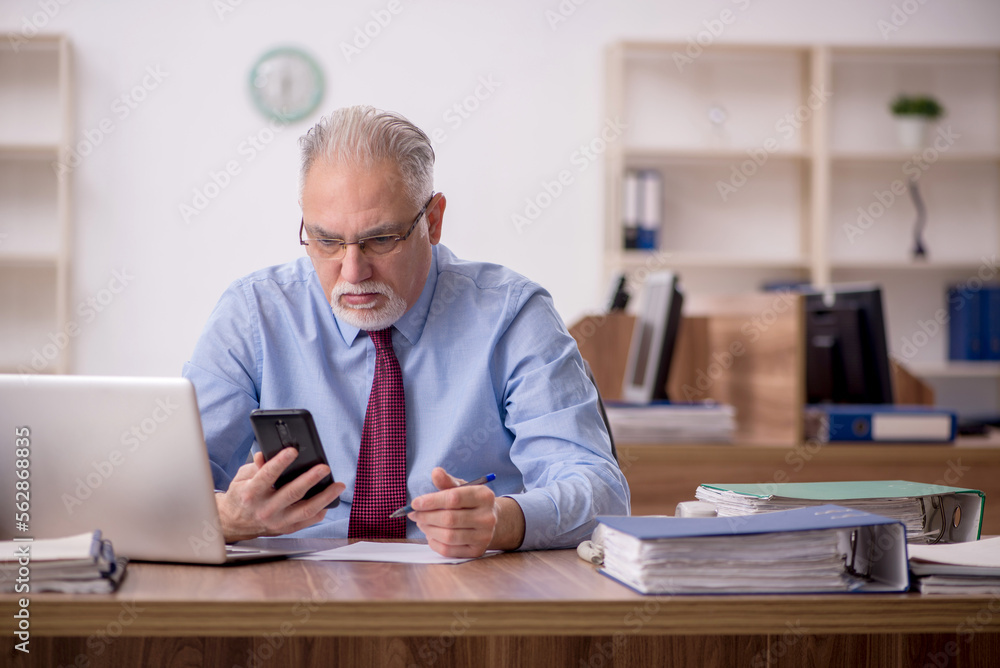 Old male boss employee working in the office Old male boss employee working in the office