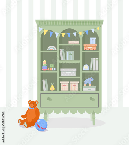 Wooden green cabinet with children's toys, books, storage boxes, teddy bear, ball against background of striped wallpaper. Nursery room interior in vintage Scandinavian style. Vector illustration.