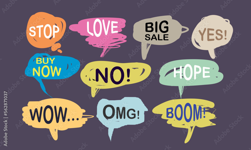 Hand drawn set of Colorful speech bubbles with dialog words, speech baloon with diferrent text, Vector bubbles speech doodle set Hand drawn set of Colorful speech bubbles with dialog words, speech baloon with diferrent text, Vector bubbles speech doodle set