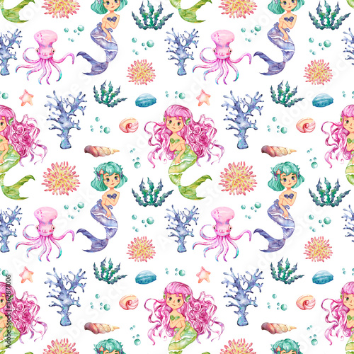 Underwater Watercolor seamless pattern, Mermaid Nursery Decor, Cute Sea Animals illustration, Watercolor illustration, Clipart For Kids