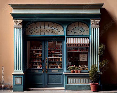 Vintage charming store front with wood carpentry and an elegant retro feel, generative AI