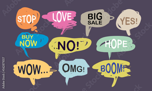 Hand drawn set of Colorful speech bubbles with dialog words, speech baloon with diferrent text, Vector bubbles speech doodle set