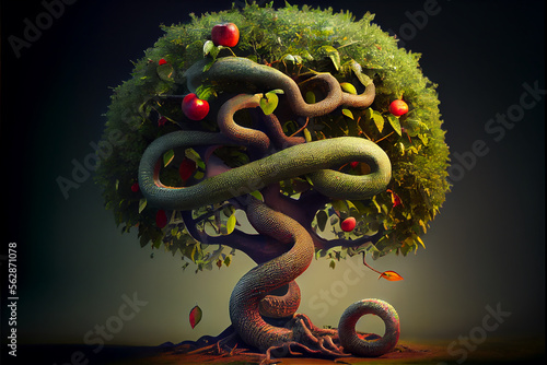 The biblical tree of knowledge with the apples and the serpent, generative AI