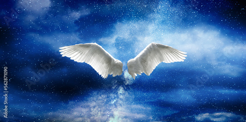 Angel wings with a background made of the sky covered with white clouds and Milky Way stars at night