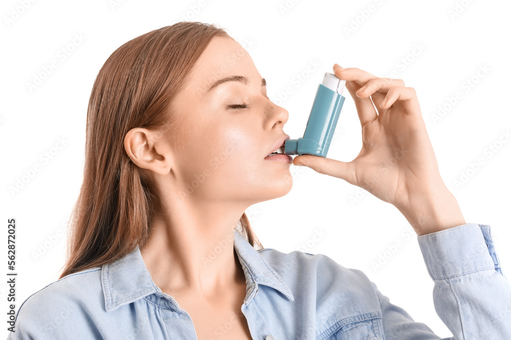 Young woman with inhaler on white background Young woman with inhaler on white background