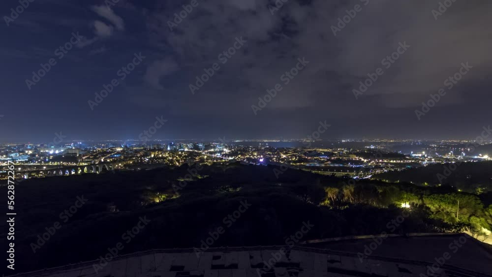 Panoramic overview of Lisbon and Almada from a viewpoint in Monsanto night timelapse. Aerial top view with traffic on illumitated city streets Panoramic overview of Lisbon and Almada from a viewpoint in Monsanto night timelapse. Aerial top view with traffic on illumitated city streets