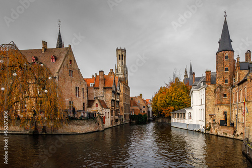 Iconic view of Brugge in Belgium. Touristic poster.