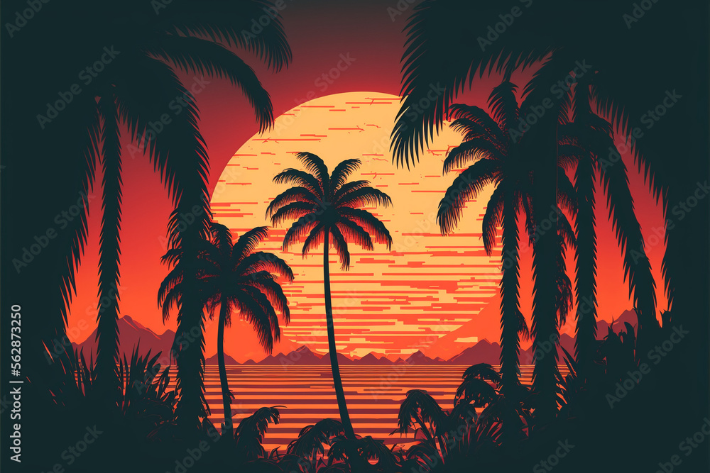 Palm background 80 s, 90 s style. Landscape of sunset. Image of old, retro, vintage style. generative ai.