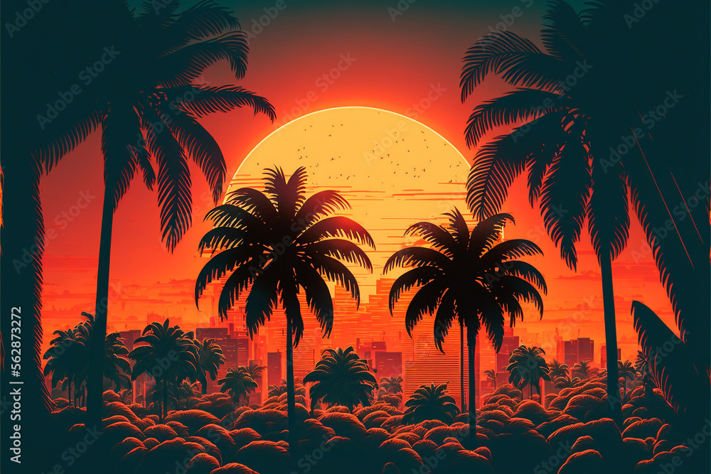 Palm background 80 s, 90 s style. Landscape of sunset. Image of old, retro, vintage style. generative ai.