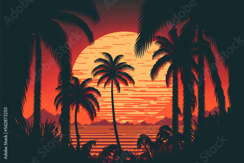 Palm background 80 s, 90 s style. Landscape of sunset. Image of old, retro, vintage style. generative ai.