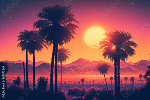 Palm background 80 s  90 s style. Landscape of sunset. Image of old  retro  vintage style. generative ai.