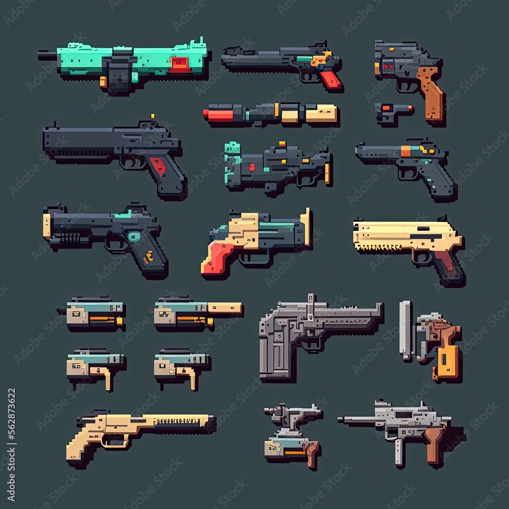 Pixel art firearms set, weapons collection, retro style item for 8 bit game