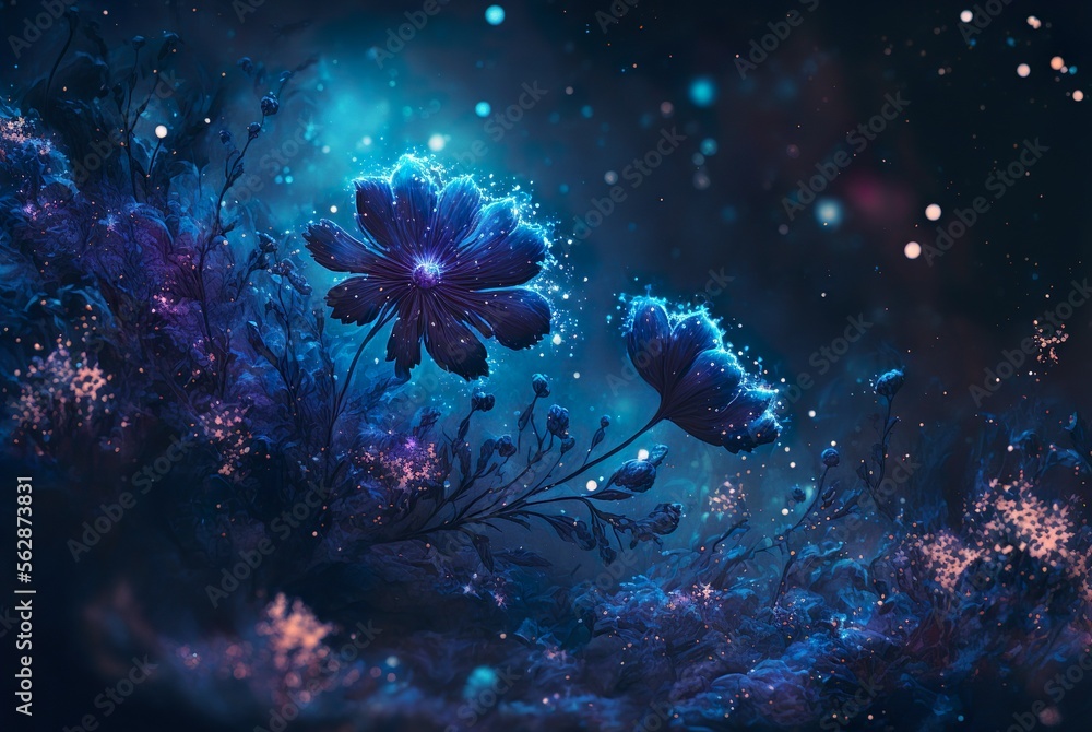 Blue space background with flowers and stars Desktop wallpaper made with generative AI technology Blue space background with flowers and stars Desktop wallpaper made with generative AI technology